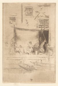 Hedelmäkioski, toisesta Venetsian sarjasta (kaksikymmentäkuusi etsauksen sarja) tekijältä James Abbott McNeill Whistler