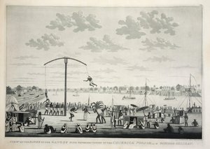 Näkymä Gangesin rannoilla Churruck Poojahin edustalla …, pubi. 1810 kaiverrus. tekijältä James Moffat