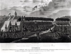 Näkymä suuresta sopimuksesta, joka pidettiin Prairie du Chienissä, Wisconsinissa, syyskuussa 1825, julkaisusta "Aboriginal Portfolio", 1825 tekijältä James Otto Lewis