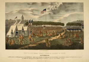 Näkymä suuresta sopimuksesta, joka pidettiin Prairie du Chienissä syyskuussa 1825 tekijältä James Otto Lewis