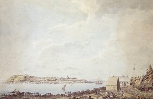 Näkymä Kanadan pääkaupungin Quebecin kaupungista, otettu lauttatalosta joen vastakkaisella puolella, 3. lokakuuta 1784 (kynä ja muste ja akvarelli paperille) tekijältä James Peachey