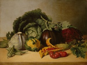 Asetelma: Balsamiomena ja vihannekset, n. 1820-luku.