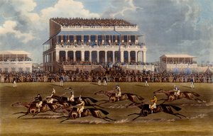 The Grand Stand at Epsom Races, printti Charles Hunt, 1836 (akvatinta) tekijältä James Pollard