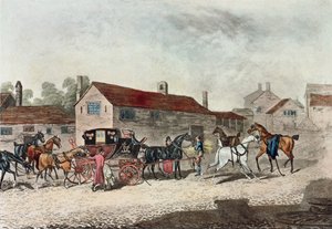 R. Havellin kaiverrettu postivalmentaja vaihtamassa hevosia, 1815 tekijältä James Pollard