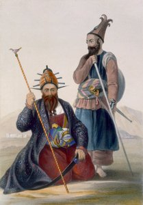 Pääpyöveli ja Hänen Majesteettinsa edesmenneen shaahin apulainen, levy 14 teoksesta "Afghanistanin maisema, asukkaat ja puvut", kaiverrus Robert Carrick (fl.1845) 1848