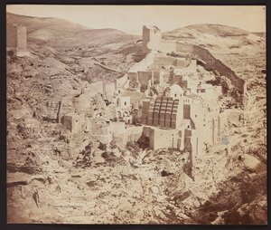 "Mar Saban luostari. 1857" [Pyhän Sabbaksen suuri lavra, joka tunnetaan arabiaksi nimellä Mar Saba - ortodoksinen luostari Kidronin laaksossa Länsirannalla, Betlehemistä itään] tekijältä James Robertson