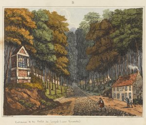 Foret de Soignen sisäänkäynti Brysselin lähellä vuonna 1815, teoksesta "An Historical Account of the Battle of Waterloo", 1817 (värillinen akvatintta).