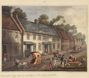 Wellingtonin herttuan päämaja Waterloon kylässä, teoksesta "An Historical Account of the Battle of Waterloo", 1817 (värillinen akvatintta).