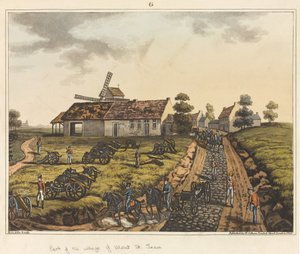 Osa Mont St Jeanin kylää, kirjasta "Historiallinen kertomus Waterloon taistelusta", 1817 (värillinen akvatinta) tekijältä James Rouse