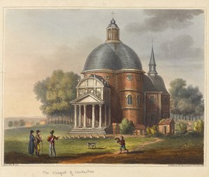 Waterloon kappeli, "Historiallinen kertomus Waterloon taistelusta", 1817 (värillinen akvatinta) tekijältä James Rouse