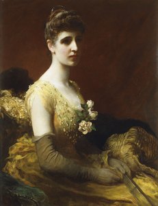 Lady Dixon of Rhedan muotokuva, kolme neljäsosaa, istuu yllään keltaisessa mekossa, jossa on kukkaviuhka, tekijältä James Sant