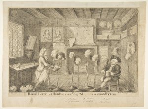 Razors Levée eli Ye Heads of a New Wig Ad [hallinnon] laajalla pohjalla, 21. huhtikuuta 1783. tekijältä James Sayers
