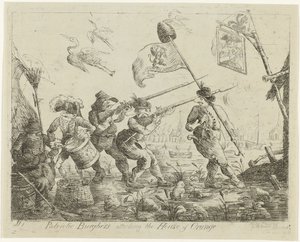 Spotprent op Goejanverwellesluis, 1787 Isänmaalliset hampurilaiset hyökkäävät House of Orangen kimppuun (otsikko esineessä)