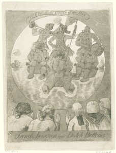 Spotprent op de Franse Invasie, 1795 Ranskan hyökkäys hollantilaisten pohjalle. Ombres Chinoises / Terror The Order of the Day (otsikko esineessä)