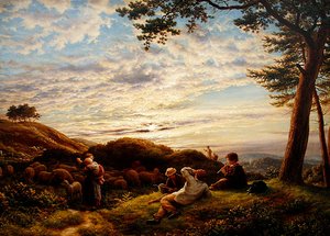 Paimenpoikia hoitamassa laumaansa auringonlaskun aikaan