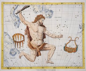 Herkuleen tähtikuvio koronan ja lyyran kanssa, levy 21 "Atlas Coelestiksestä", John Flamsteed (1646-1710), julkaistu vuonna 1729 (käsinvärinen kaiverrus)