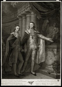 Muotokuvia Venäjän suurruhtinaista Aleksanteri I Pavlovichista (1777-1825) ja Konstantin Pavlovichista (1779-1831). James Walkerin teos (1748-noin 1808), kaiverrus 1797. Englantilainen taide
