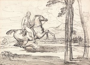 Ratsumies maisemassa: Theophilus Levett Ketunmetsästys Wychnorin puistossa". tekijältä James Ward