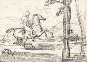 Ratsasmies maisemassa, luultavasti tutkimus "Theophilus Levett Fox Hunting in Wychnor Park" tekijältä James Ward