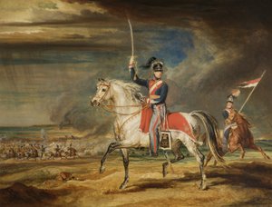 Sir John Leicester, Bt, harjoittelemassa Cheshire Yeomanryn rykmenttiään Sandsilla Liverpoolissa, 1824 tekijältä James Ward