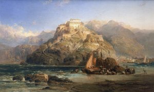 Näkymä San Sebastianiin (Espanja), keskellä Urgull-vuori ja Santa Cruz de la Motan linnan rakennukset. James Webbin (toiminut vuosina 1853-1888) öljy kankaalle. tekijältä James Webb