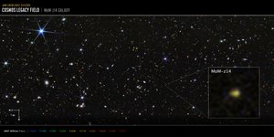 COSMOS-kentän MoM-z14-galaksi (NIRCam-kuva) tekijältä James Webb Space Telescope (NASA)