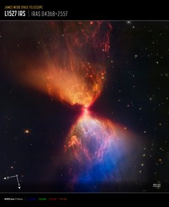 L1527 ja Protostar (NIRCam Compass Image) tekijältä James Webb Space Telescope (NASA)
