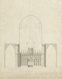 Lichfieldin katedraalin sisustus - Sisäänkäynti kuorosta naveen: piirustus ja pesu, nd [c 1780]