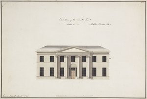 Soho House: Pohjakerroksen suunnitelma; Makuuhuoneen kerrossuunnitelma; Etelärintaman korkeus, malli A, etelärintaman korkeus, malli B ja pohjoisrintaman korkeus, 1796