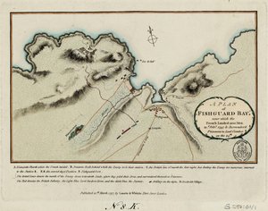 Suunnitelma Fishguardin lahdesta, jonka lähelle ranskalaiset laskeutuivat 1200 miestä 22. helmikuuta 1797 ja luovuttivat vangit lordi Cawdorille 24. helmikuuta 1797. tekijältä James and Laurie Robert (1755 1836) Whittle