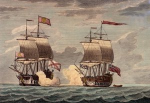 "Kommodori Anson Centurion-aluksella, jolla oli 227 hengen miehistö, joista 30 oli poikia, hyökkää 20. kesäkuuta 1743 noin kello kaksi iltapäivällä ja pakottaa alle puolessa tunnissa iskemään ja antautumaan rikkaaseen Acupulcon Nuestra Senora de Capodongo  tekijältä James and Laurie Robert (1755 1836) Whittle