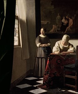 Nainen kirjoittaa kirjettä palvelijansa kanssa, n. 1670 (öljy kankaalle)