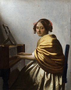 ""Young Woman Seated at a Virginal"" (A Young Woman seating at a Virginal) maalaus Jan Vermeer (Johannes) (1632-1675) noin 1670 Koko 25,1x20 cm Yksityinen kokoelma