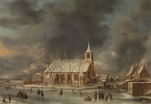 Näkymä Slotenin kirkolle talvella tekijältä Jan Abrahamsz. Beerstraten