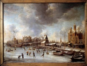 Talvimaisema. Luistelijat jäätyneellä järvellä. Burstatenin (1622-1666) maalaus 1600-luvulta. Berliini, valtionmuseo