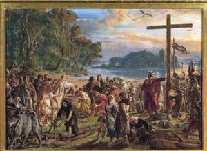 La chhristiannisation de la Pologne, 966 - Puolan kristinusko, 966. Sarjasta Historia of Civilization in Poland, kirjoittanut Matejko, Jan Alojzy (1838-1893). Öljy puulle tekijältä Jan Alojzy Matejko