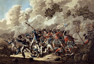 Highlanders, La Haye Sainte, voitti ranskalaisen kaartin Waterloon taistelussa 1815 (värillinen akvatinta) tekijältä Jan Anthonie Langendyk