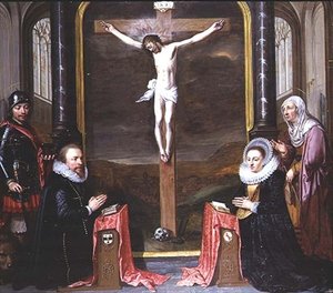 Ristiinnaulitseminen lahjoittajien muotokuvina Adriaen Meusyenbroeck ja hänen vaimonsa Anna Elant, mukana St. Adrian ja St. Elizabeth tekijältä Jan Anthonisz. van Ravesteyn