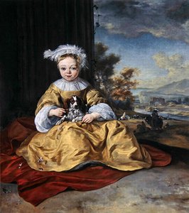 Lapsi keltaisessa mekossa koiraa pitelemässä (öljy kankaalle) tekijältä Jan Baptist Weenix