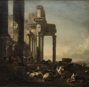 Italialainen maisema talonpoikia, karjaa ja lampaita klassisten raunioiden äärellä, noin 1650-luku (öljy kankaalle) tekijältä Jan Baptist Weenix