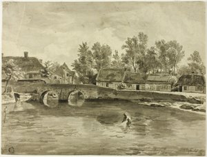 Mies kalastaa joessa lähellä kylää tekijältä Jan Baptiste de Jonghe