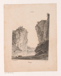 Rotsen langs het vettä Kivet (otsikko esineessä) Luonnosta piirrettyjen ja kivelle toteutettujen maisemien periaatteet (sarjan nimi) tekijältä Jan Baptiste de Jonghe