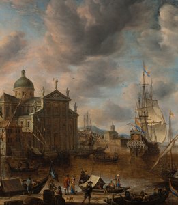 Välimeren "capriccio"-satama, jossa hahmot keskustelevat laiturilla ja hollantilainen kolmen päällikön ankkurointi takana, 1665 tekijältä Jan Beerstraten