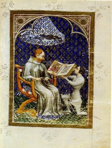 Jean de Vaudetar lahjoittaa kirjan lahjaksi ranskalaiselle Kaarle V:lle. Jean de Vaudetarin raamatunhistoriakirjasta, 1372 tekijältä Jan Bondol