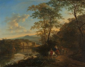 Italialainen maisema Ponte Lucanon kanssa Aniene-joen yli