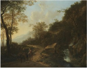 Italianate maisema, jossa matkustajat ylittävät puron tekijältä Jan Both