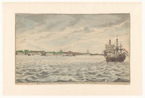 Colombon kaupunki Ceylonissa pohjoisesta katsottuna vuonna 1785 Roadilta, sen purettu kirkko ja torni, joita rakennettiin uudelleen. (otsikko esineessä) tekijältä Jan Brandes (signed by artist)