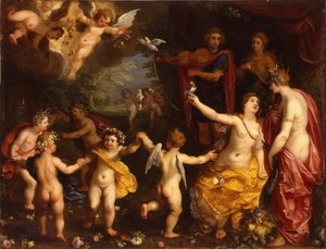 Allegoria rakkaudesta: Venus pitelee kyyhkysparia, Ceres, Apollo ja Diana, tanssivan putin ympäröimänä maisemassa