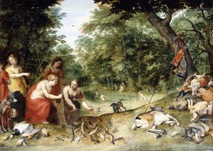 Allegoria alkuaineista, maasta, ilmasta ja vedestä: nymfit kylpemässä metsäisellä lagella ja metsästystrofeet lähellä, n. 1621