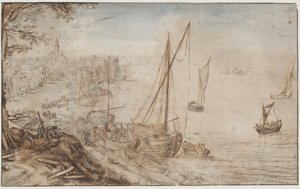 Joki maisema. Etualalla venettä lastataan ja miehet leikkaavat lankkuja tekijältä Jan Brueghel d.Æ.
